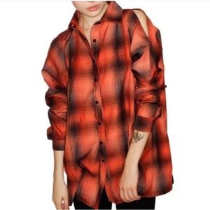 UNIF Plaid Cold Shoulder Oversized Button Front Shirt Size S